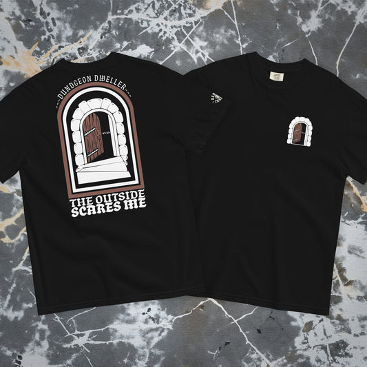 front and back of black tee with dungeon dweller design featuring eyes peeking out of dark doorway