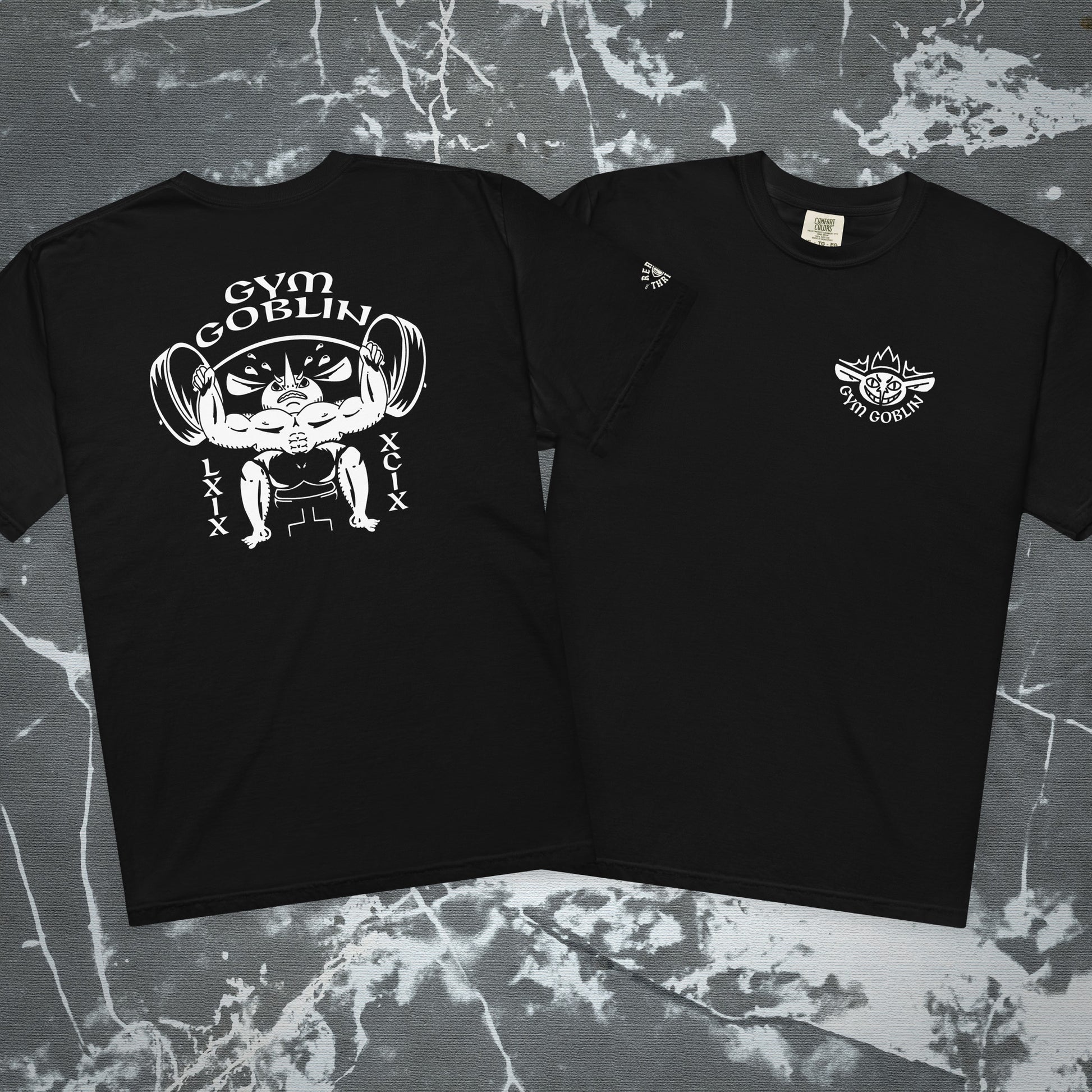 front and back view of black tee with gym goblin weightlifting