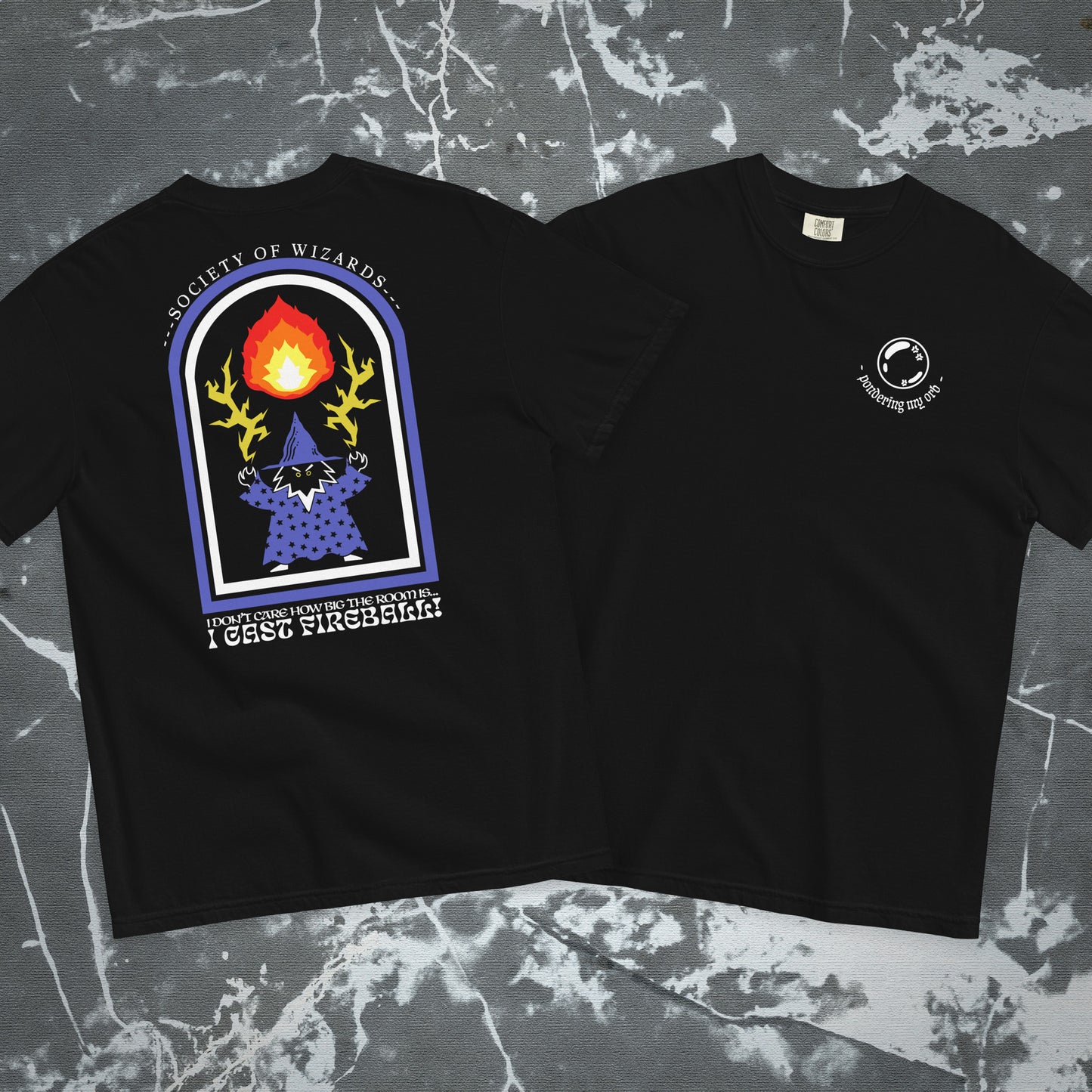 front and back of black tee featuring art of wizard shootingn lightning and casting fireball while he ponders his orb is on the front